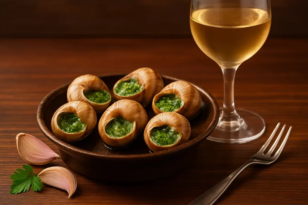 Assiette d’escargots accompagnée d’un verre de champagne, de vin blanc et de bière ambrée pour illustrer les accords mets et vins.