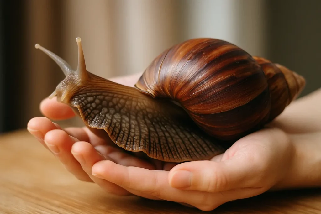 personne tenant un escargot géant achatina dans ses mains