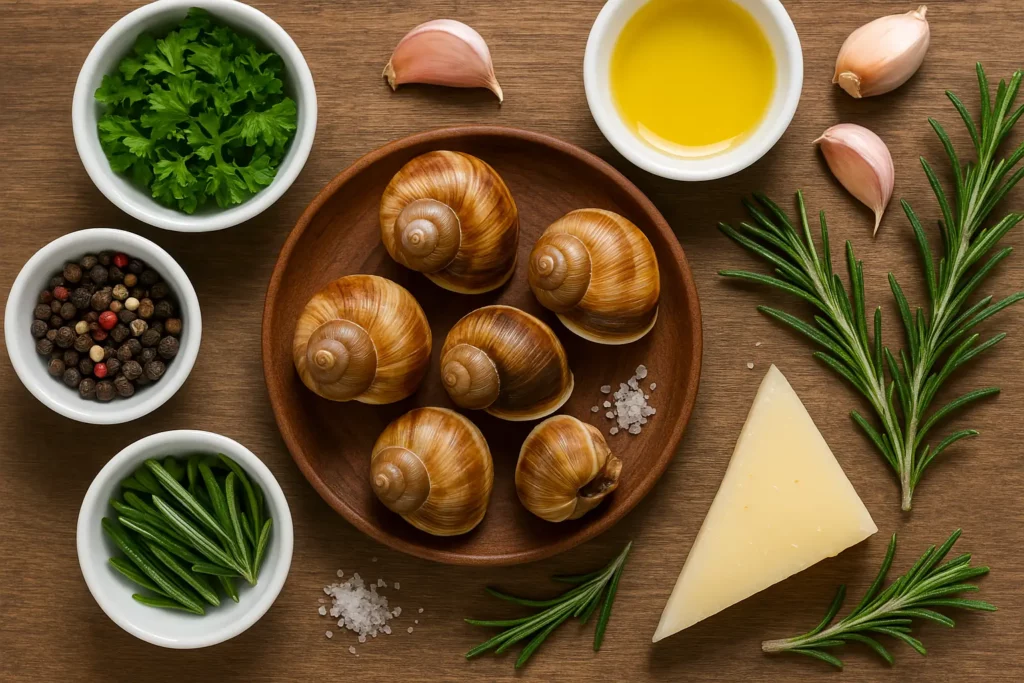 Assortiment d’assaisonnements pour escargots: beurre persillé, ail, citron, herbes, épices et moutarde sur planche en bois