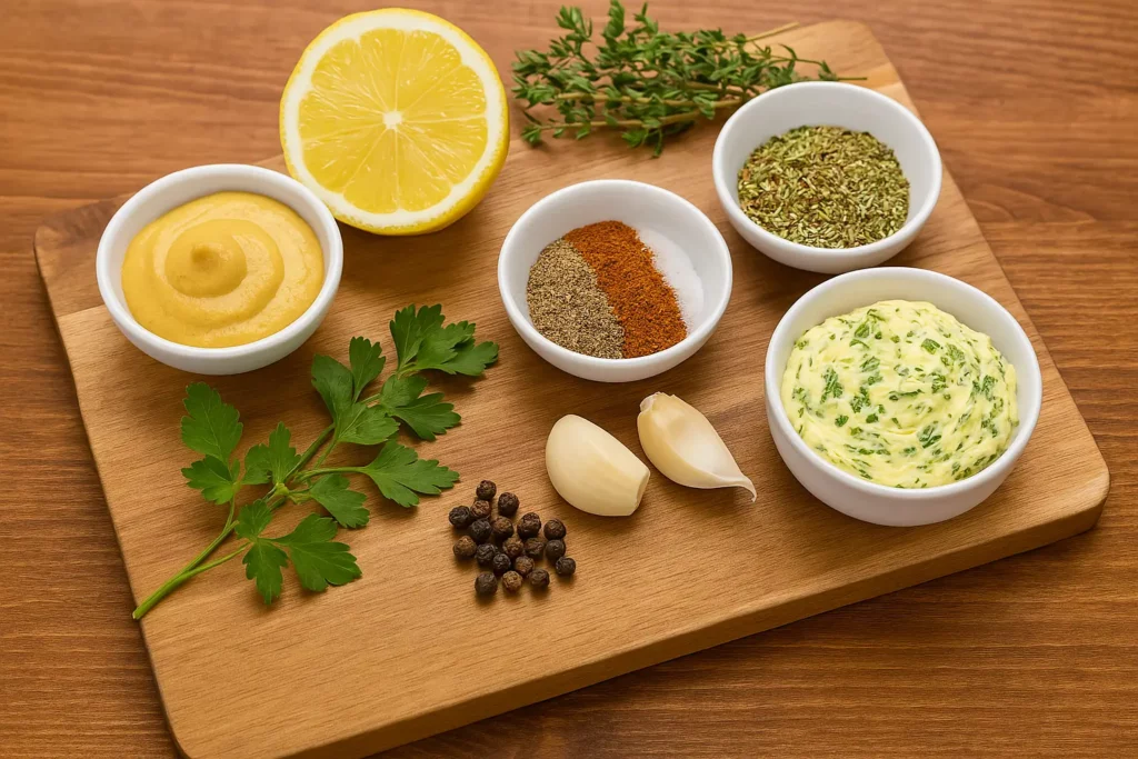 Ingrédients frais pour assaisonner les escargots: ail, huile d’olive, poivre, romarin, fromage, herbes et escargots vivants en coquille