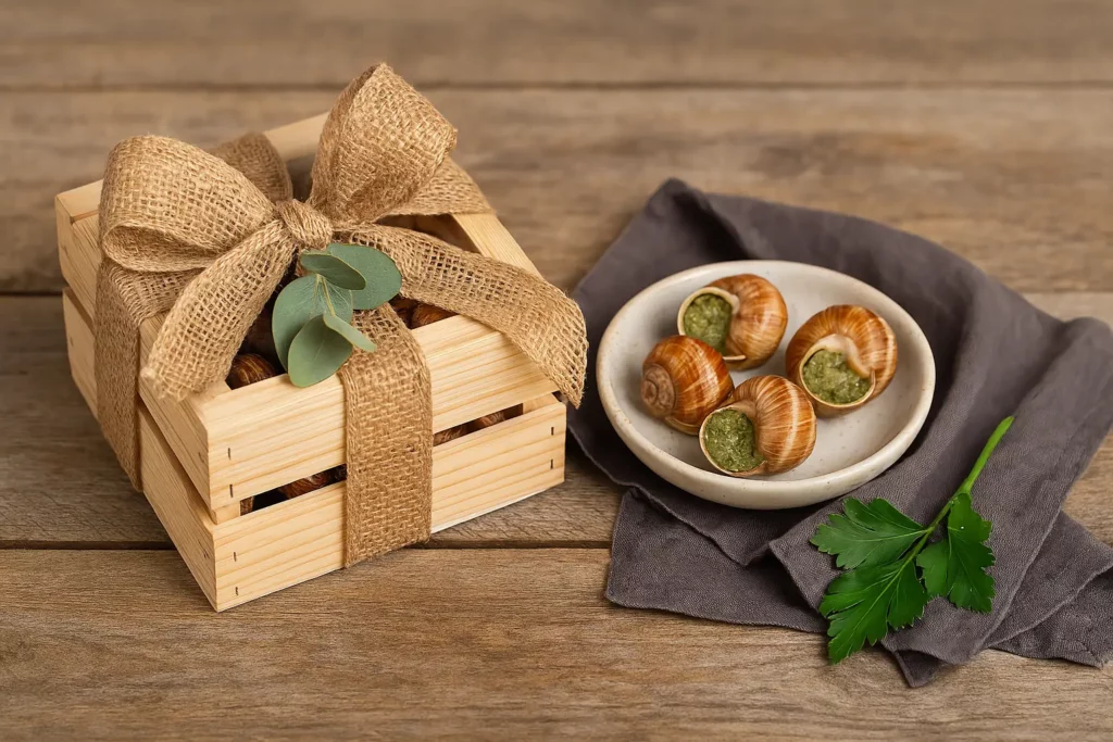 Coffret en bois naturel rempli d’escargots vivants, emballé avec un ruban en toile de jute, idéal comme cadeau gastronomique