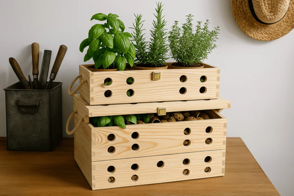 Caisse en bois Viksimo réutilisée comme rangement décoratif dans une cuisine, avec plantes aromatiques.