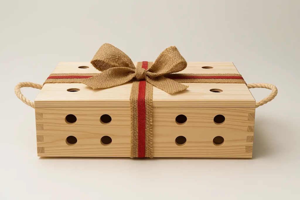 Coffret cadeau gastronomique avec escargots vivants dans une boîte en bois élégante, prêt à offrir