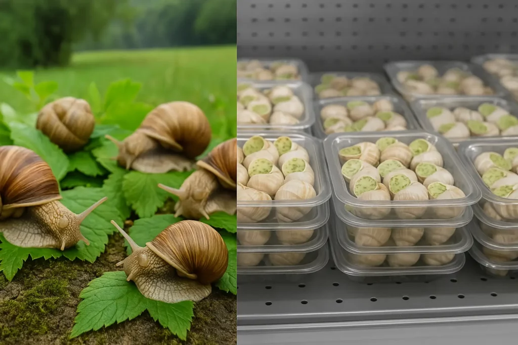 Différentes formes d’escargots: conserve, surgelés, vivants fermiers Viksimo