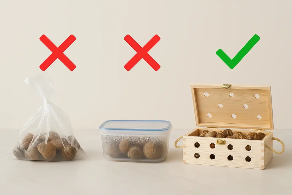 Trois méthodes de conservation des escargots vivants : sac plastique, boîte fermée avec condensation, et boîte en bois Viksimo avec ventilation – seul le dernier choix est correct