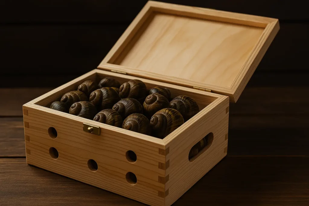 Escargots en hibernation dans une boîte en bois placée dans une cave fraîche et sombre
