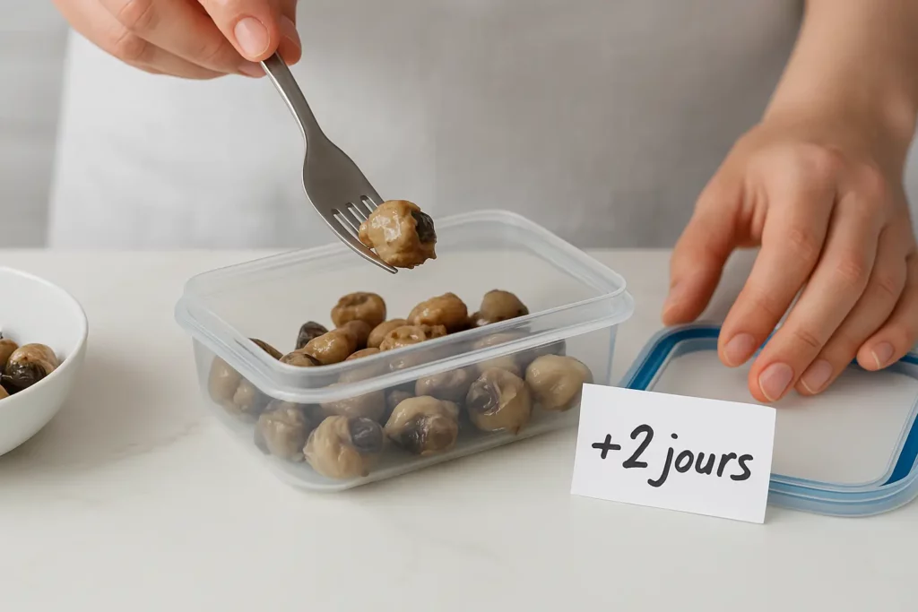 Escargots cuits placés dans une boîte hermétique avec étiquette “+2 jours” sur une table de cuisine
