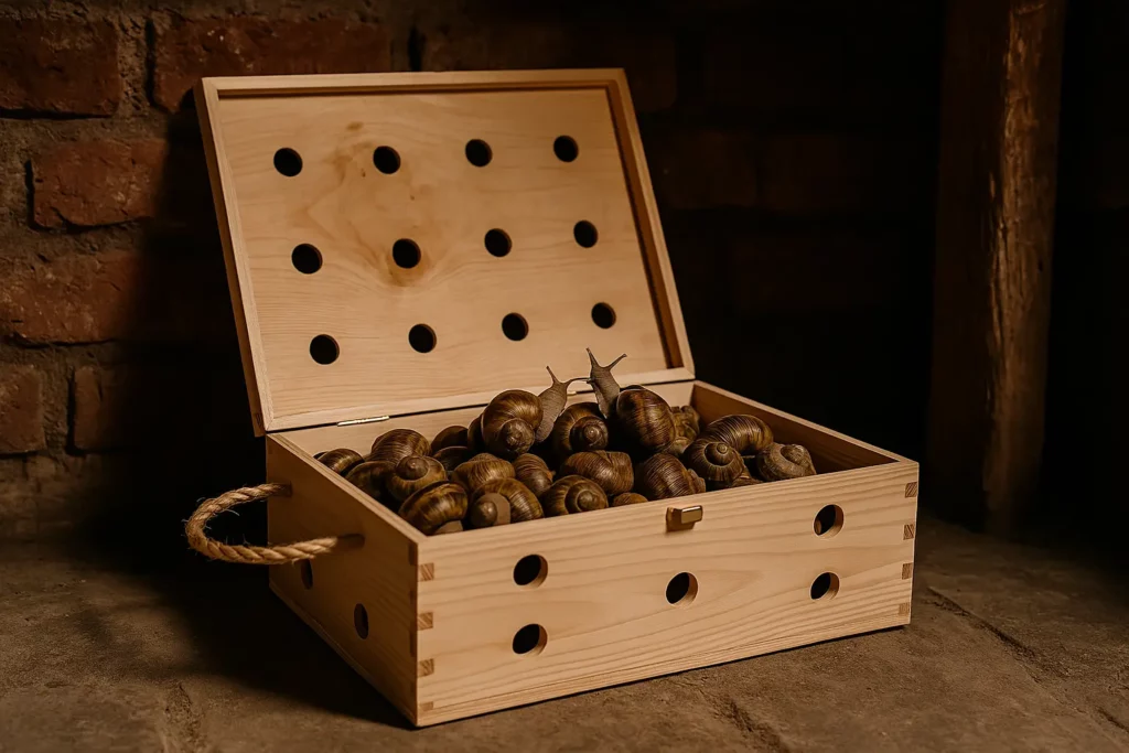 Escargots vivants dans une boîte en bois ventilée, stockés dans une cave sombre
