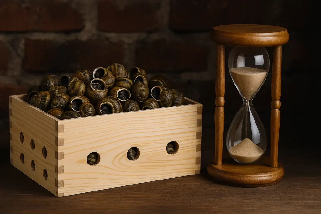 Boîte en bois avec escargots vivants et sablier sur fond naturel, symbole de durée de conservation