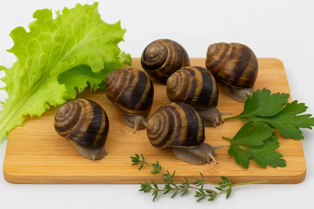 Escargots vivants posés à côté de feuilles fraîches et herbes aromatiques