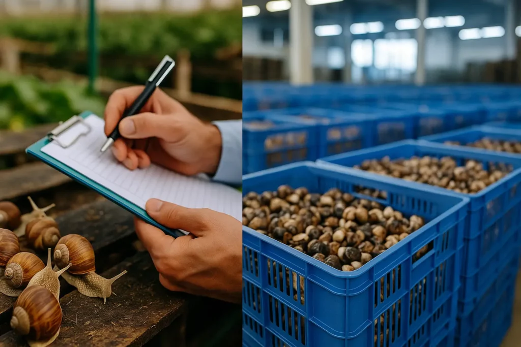 Contrôle qualité d'escargots sur une ferme européenne face à une production importée sans étiquetage clair