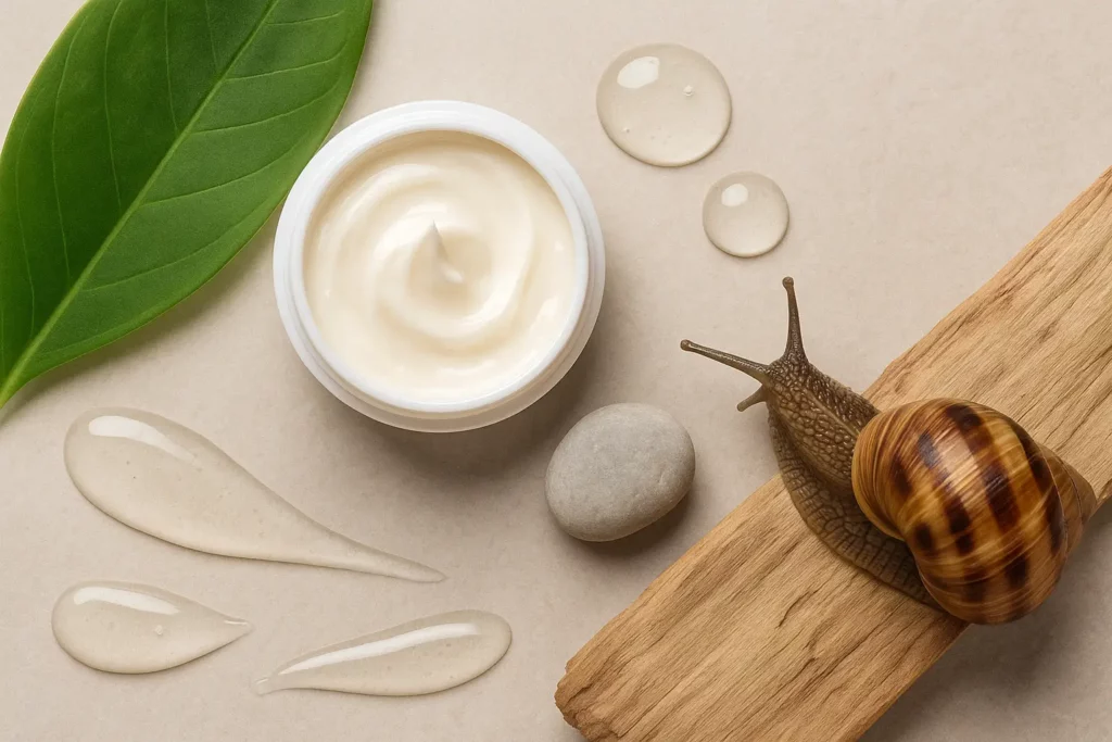 crème cosmétique naturelle escargot avec feuille et mucus sur fond beige