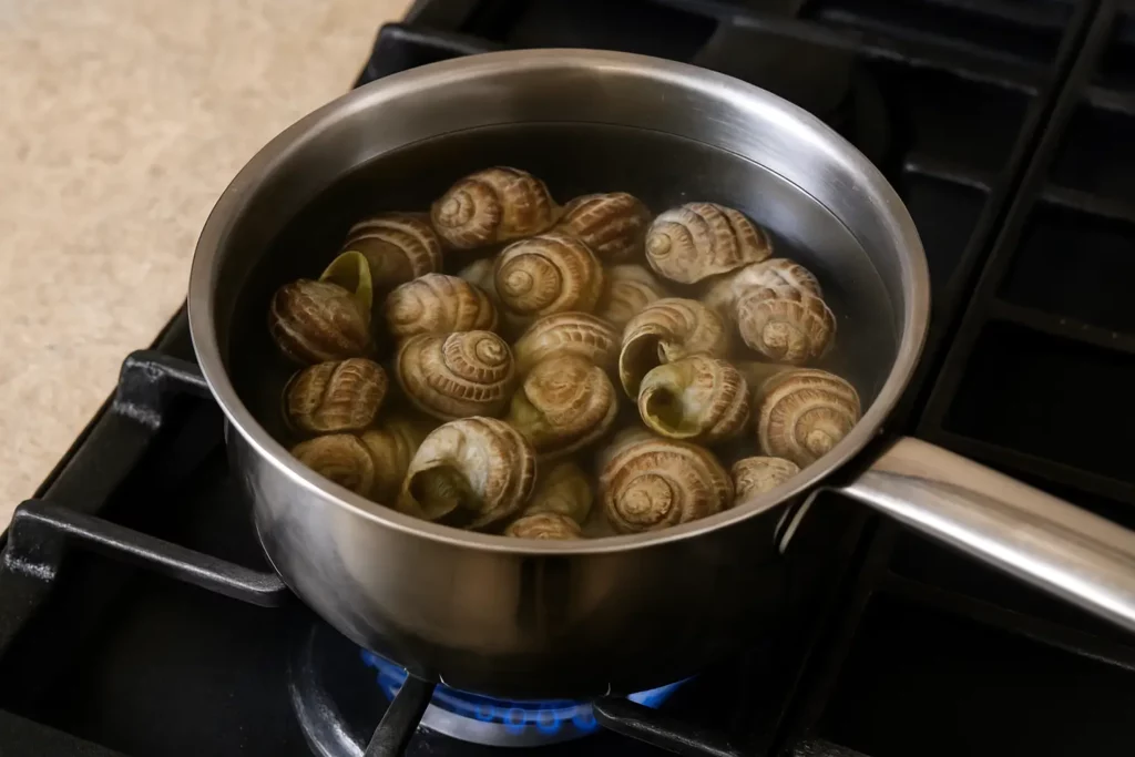 Escargots en coquille en train de cuire dans une casserole d’eau bouillante sur une cuisinière