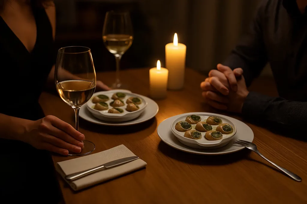 Dîner romantique avec escargots pour deux personnes – ambiance élégante