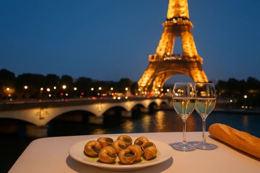 Dîner romantique avec escargots sous la Tour Eiffel – table élégante pour deux personnes