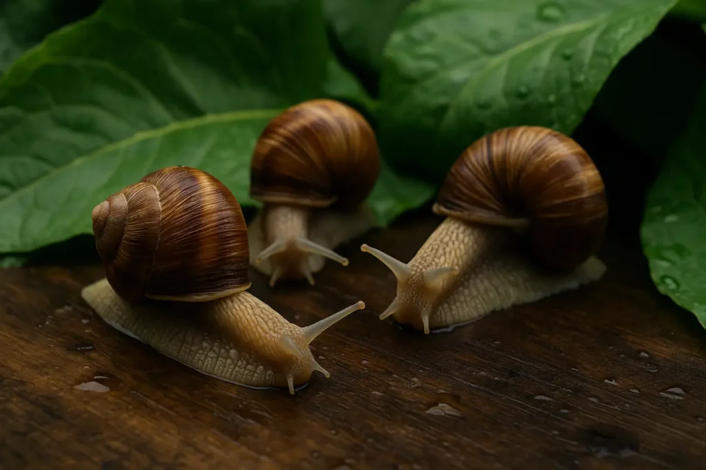 Élevage escargots Europe sur bois humide avec feuilles vertes – ferme naturelle Helix Aspersa