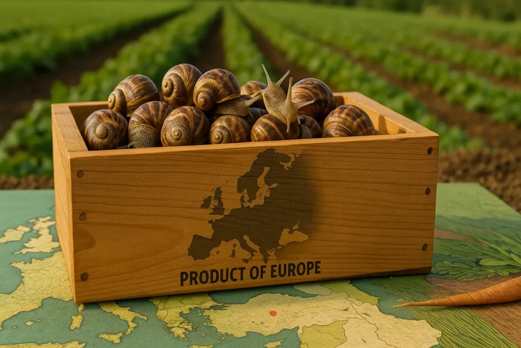 Caisse en bois remplie d’escargots vivants avec carte de l’Europe et champ agricole – élevage escargots Europe