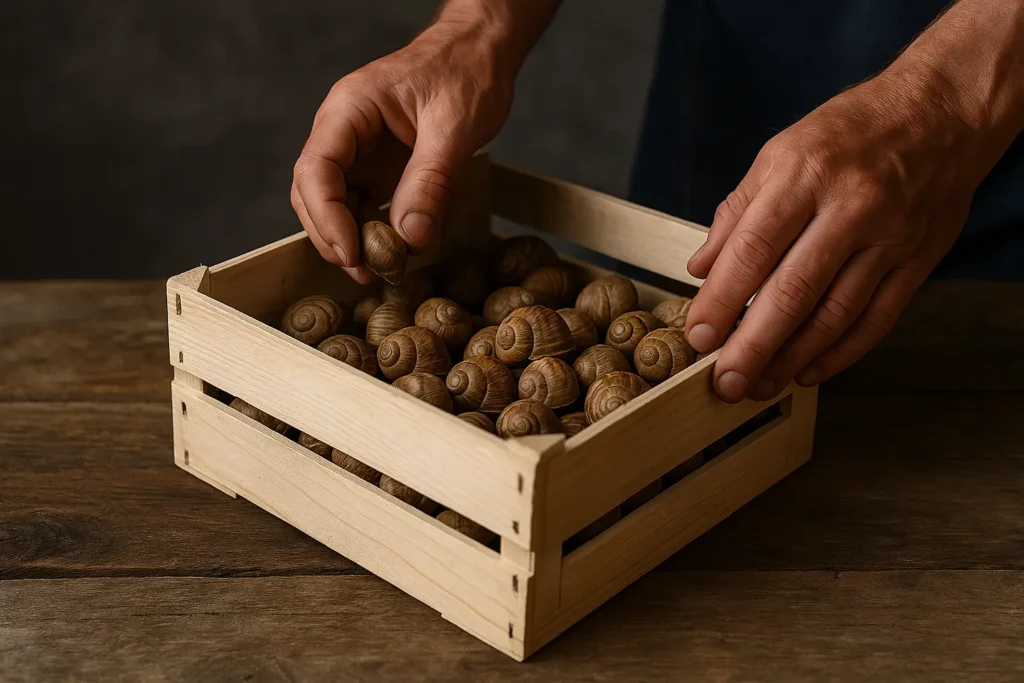 Mains d’un éleveur plaçant des escargots vivants dans une caisse en bois ventilée