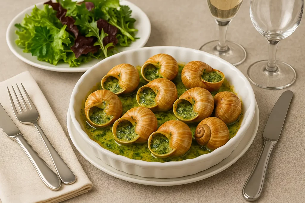 Feuilletés d’escargots dorés au beurre d’herbes, servis en entrée sur une assiette blanche rustique.