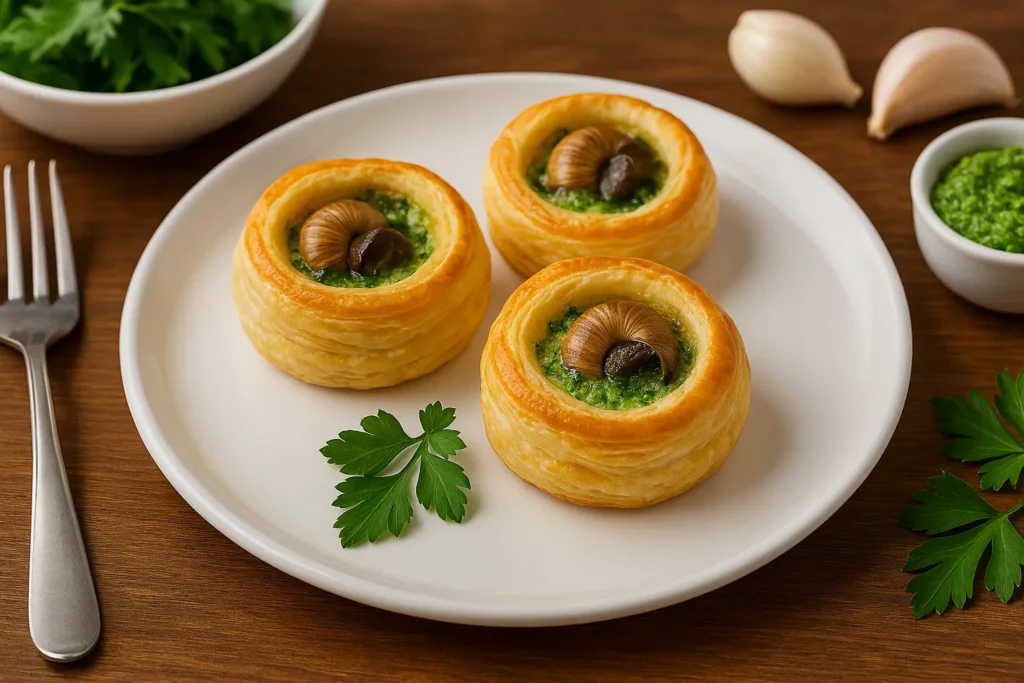 Entrée élégante d’escargots à la bourguignonne avec salade et vin pétillant sur une table raffinée