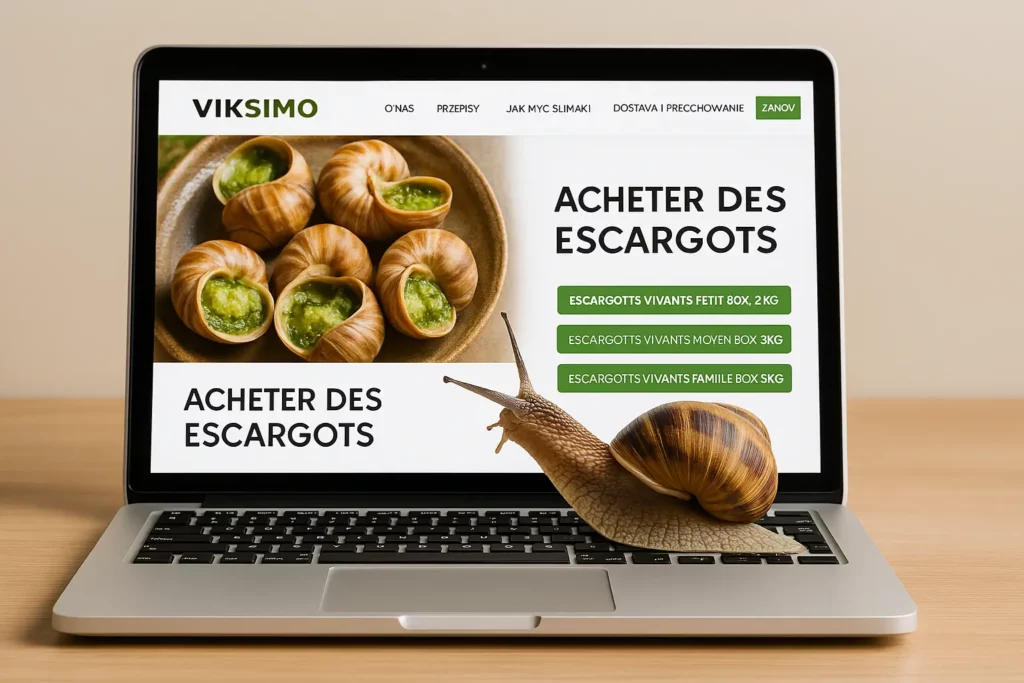 Escargot comestible marchant sur un ordinateur affichant le site viksimo.com