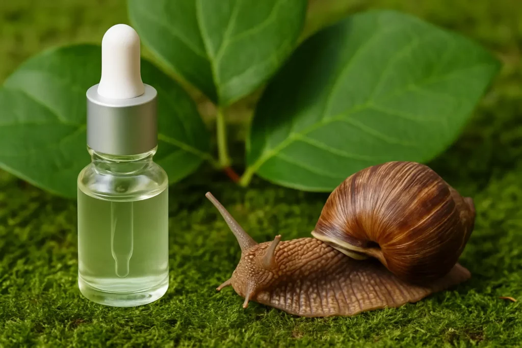 flacon cosmétique naturel avec escargot sur fond de mousse verte