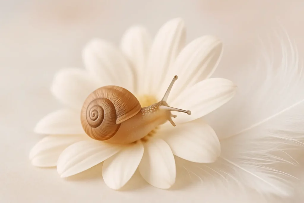 petit escargot sur fleur blanche pour peau sensible en cosmétique naturelle