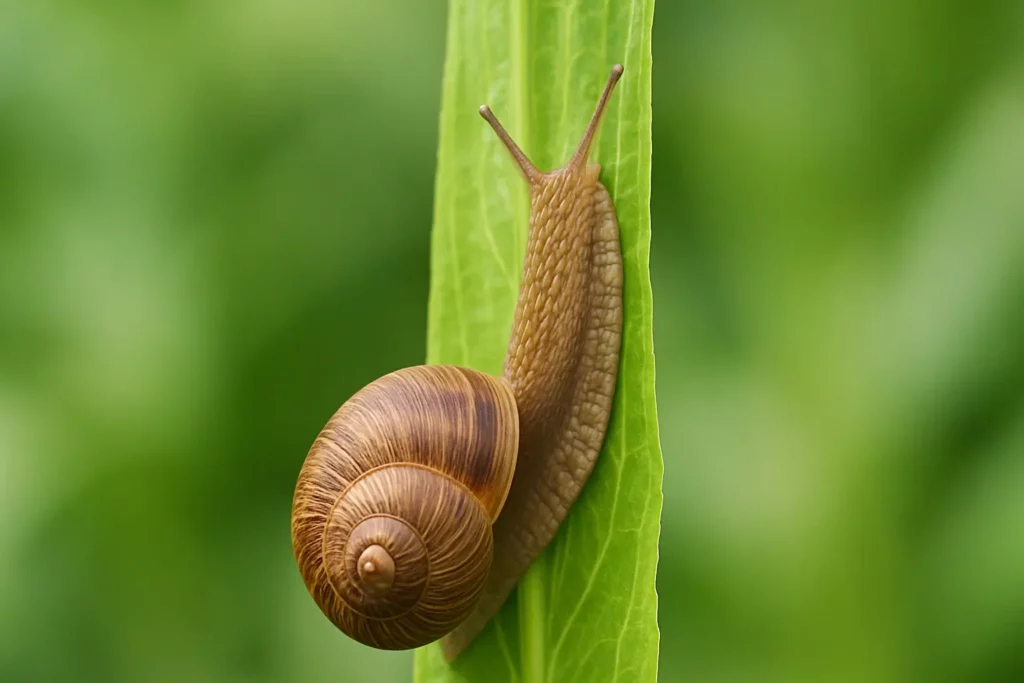 escargot qui grimpe sur une feuille verte