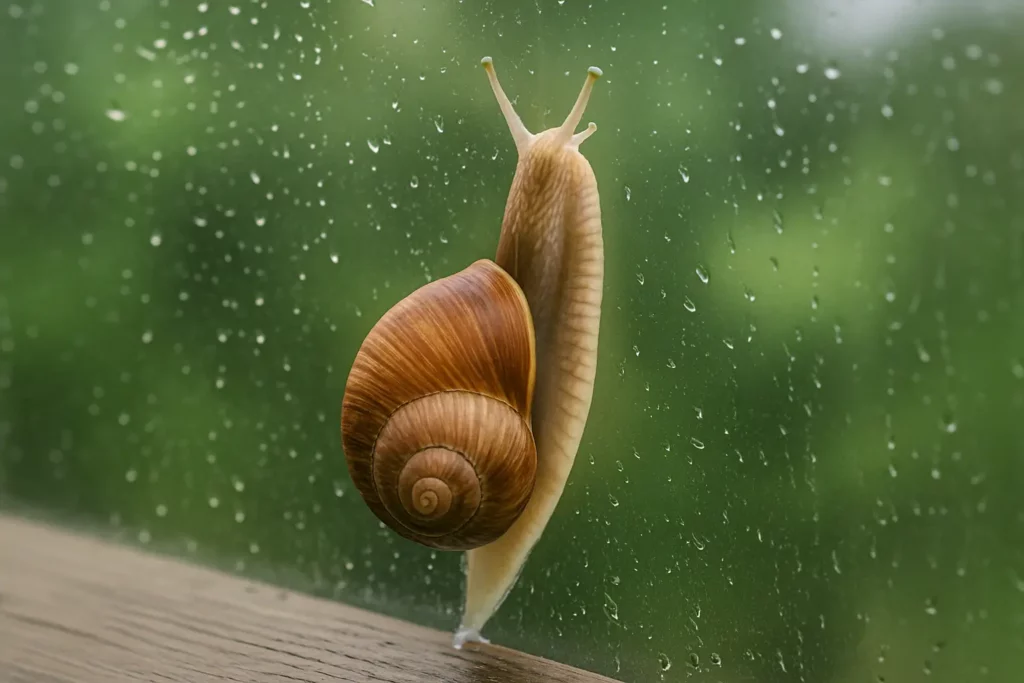 escargot qui grimpe sur une surface en verre