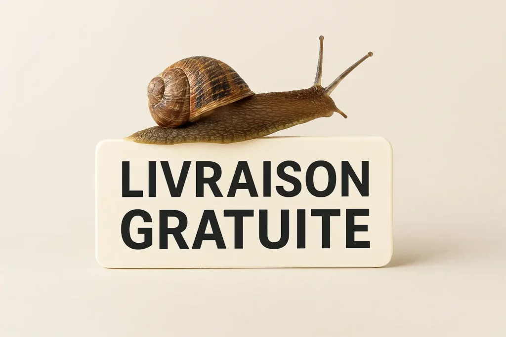 Escargot posé sur une pancarte en bois avec l’inscription “Livraison Gratuite”, symbole de la livraison offerte chez Viksimo