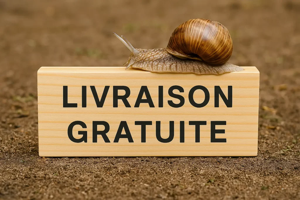Escargot sur une pancarte “Livraison Gratuite” dans un décor naturel, illustrant la livraison offerte et l’engagement écologique de Viksimo