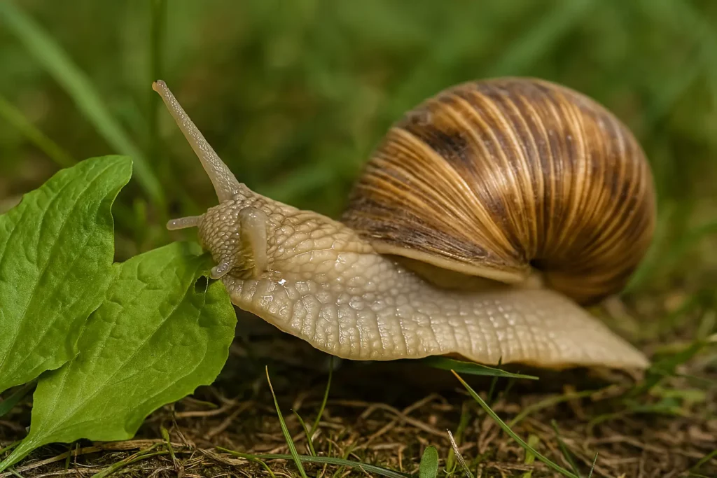 Escargot Helix pomatia en train de manger une feuille verte dans l’herbe, symbole de fraîcheur et d’alimentation naturelle