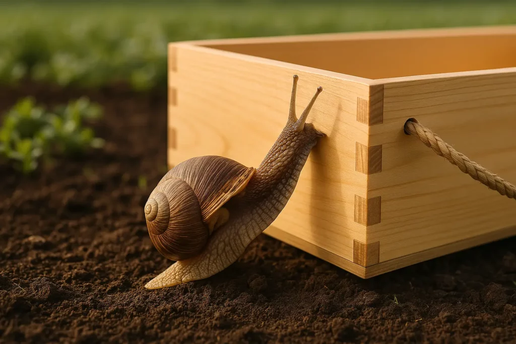 Escargot brun rampant sur un champ labouré, entrant dans une caisse en bois au milieu des plantes vertes