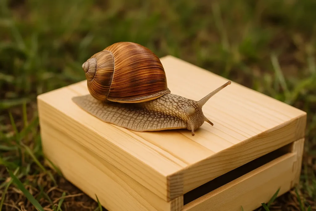 Escargot Helix pomatia se déplaçant sur une boîte en bois au milieu de l’herbe, symbole de fraîcheur et de livraison naturelle