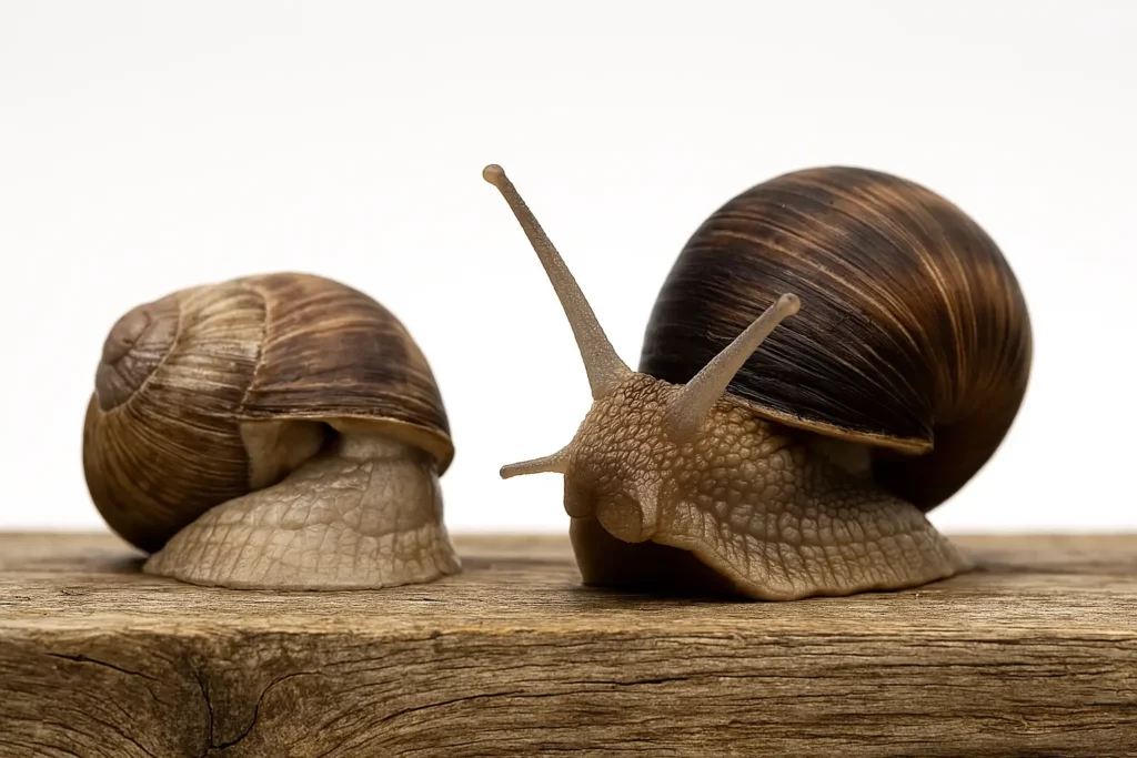 Escargot vivant en gros plan, montrant sa coquille spiralée et ses antennes étirées sur fond blanc