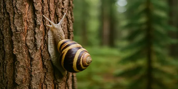 Escargot vivant grimpant sur un tronc d’épicéa, symbolisant la nature et la lenteur artisanale.