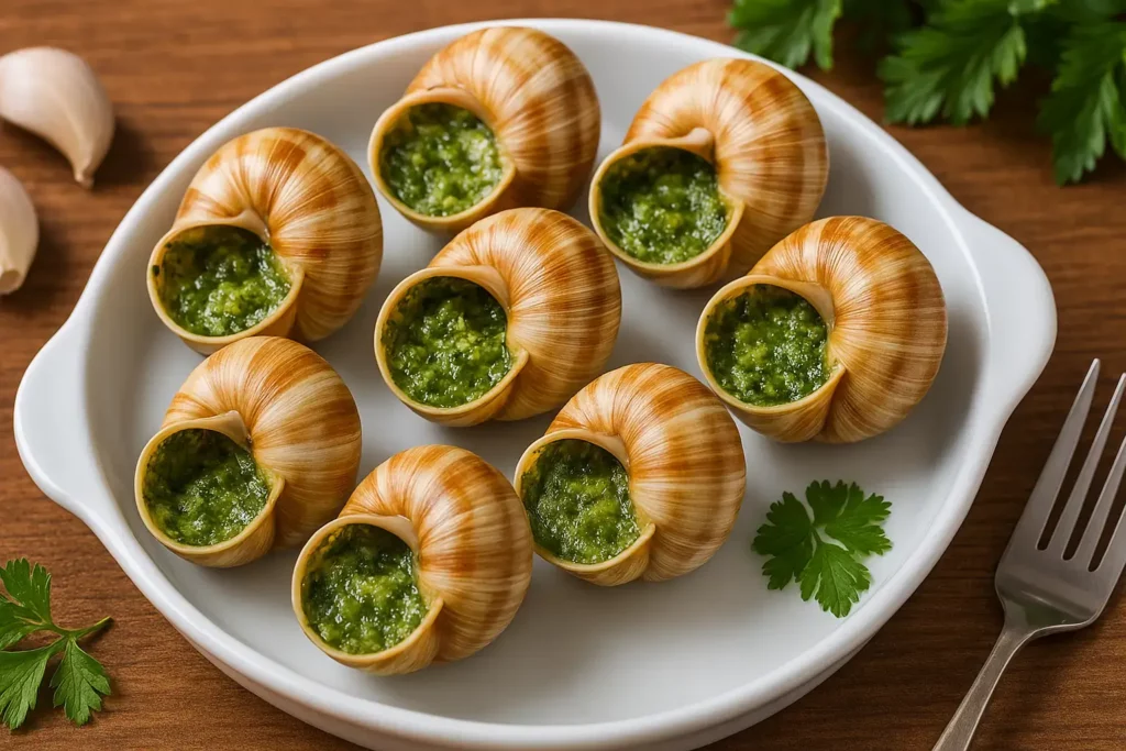 Escargots à la bourguignonne servis avec du vin blanc et du pain frais