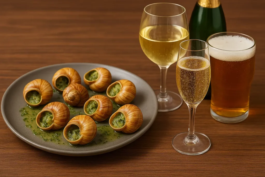 Escargots au beurre à l’ail servis dans un plat rustique avec un verre de vin blanc sec