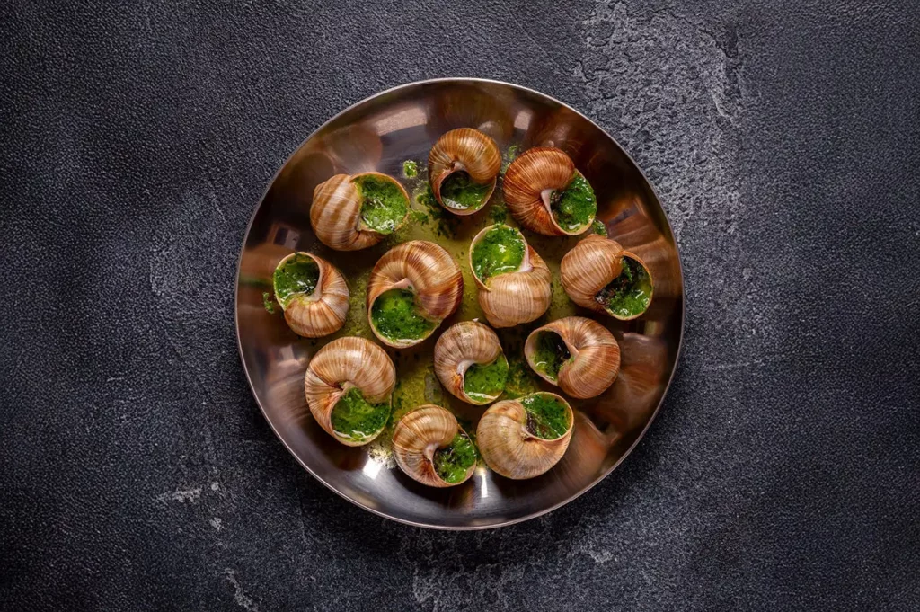 Escargots à la bourguignonne traditionnels avec beurre à l'ail et persil, présentation gourmande
