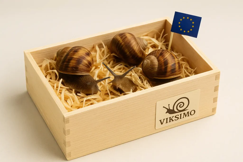 Escargots comestibles frais dans un box en bois Viksimo – élevés en Europe et prêts à cuisiner