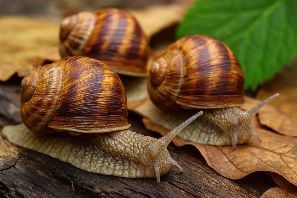 Escargots frais vivants sur fond naturel – gros plan de la coquille brillante