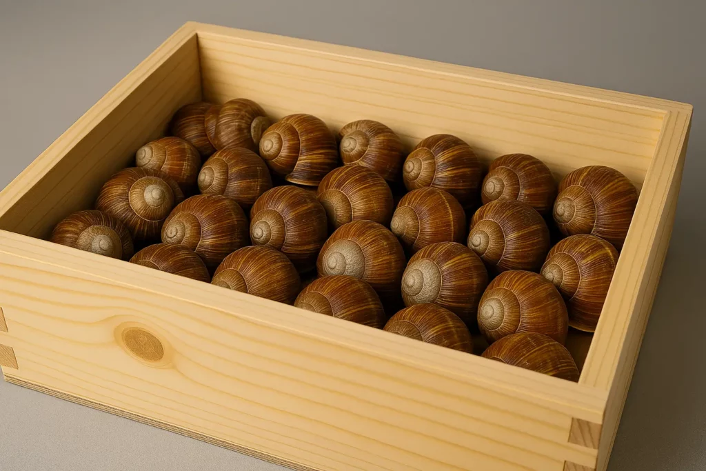 Escargots en hibernation regroupés dans une caisse en bois naturelle, placés sur un lit sec et aéré