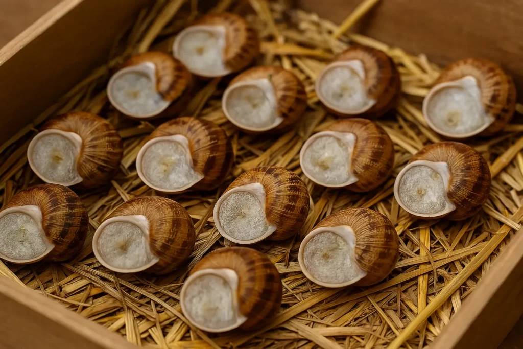 Deux escargots sur une surface en bois, l’un actif et l’autre immobile, illustrant la différence entre escargot vivant et mort