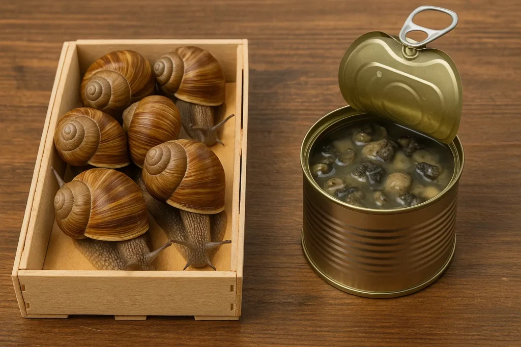 Escargots frais dans une boîte VIKSIMO à côté d'une conserve industrielle de supermarché