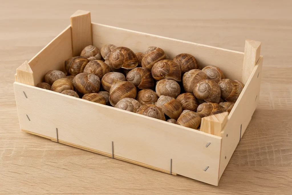 Caisse en bois artisanale remplie d’escargots vivants en hibernation, prête pour l’expédition directe depuis la ferme