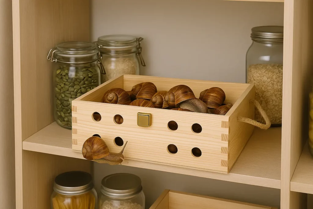 Boîte en bois remplie d’escargots vivants sur une étagère de cellier, entourée de bocaux de graines et pâtes