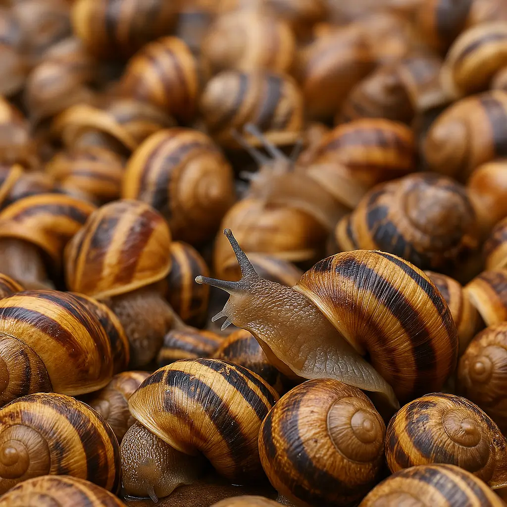 Groupe d’escargots Helix aspersa avec un spécimen au premier plan, montrant sa coquille brillante et ses tentacules déployés