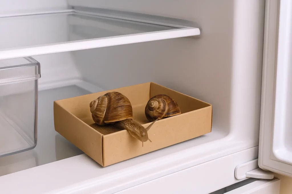 Escargots vivants placés dans une boîte en carton à l’intérieur d’un réfrigérateur domestique