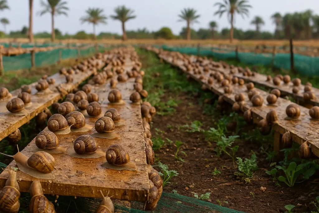 Ferme d’élevage d’escargots Helix aspersa maxima en Afrique – production intensive à grande échelle