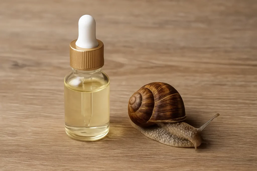 bouteille cosmétique avec mucus escargot et escargot vivant sur bois naturel